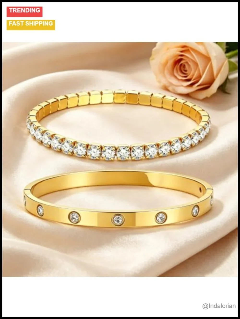 18K Gold Plated 2-Piece Stackable Bracelet Set Tennis CZ Bangle